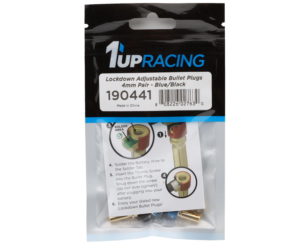 1UP Racing "Lockdown" Adjustable Bullet Plug Grips w/4mm Bullets (Blue/Black)