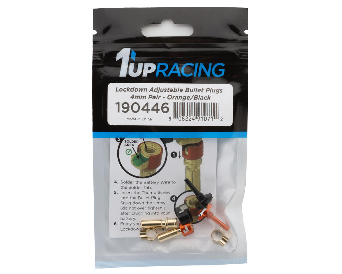 1UP Racing "Lockdown" Adjustable Bullet Plug Grips w/4mm Bullets (Orange/Black)
