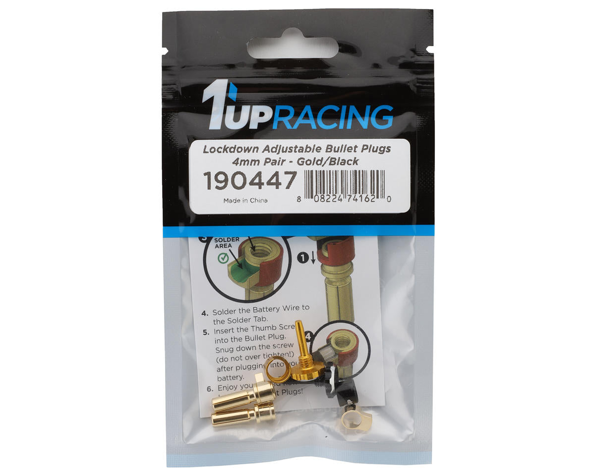 1UP Racing "Lockdown" Adjustable Bullet Plug Grips w/4mm Bullets (Gold/Black)
