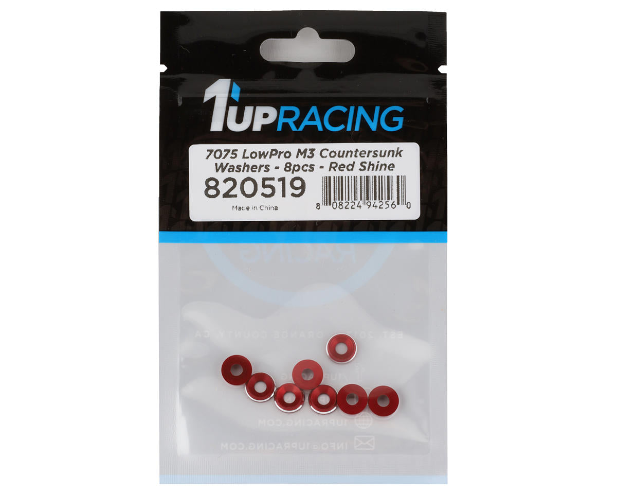 1UP Racing 3mm LowPro Countersunk Washers (Red Shine) (8)
