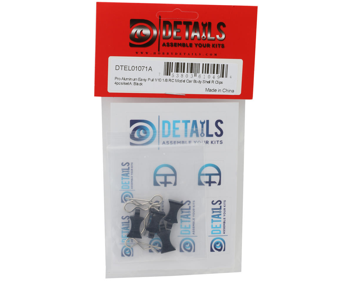 Hobby Details Pro Aluminum Easy Pull 1/10 & 1/8 Body Clips (Black) (4)