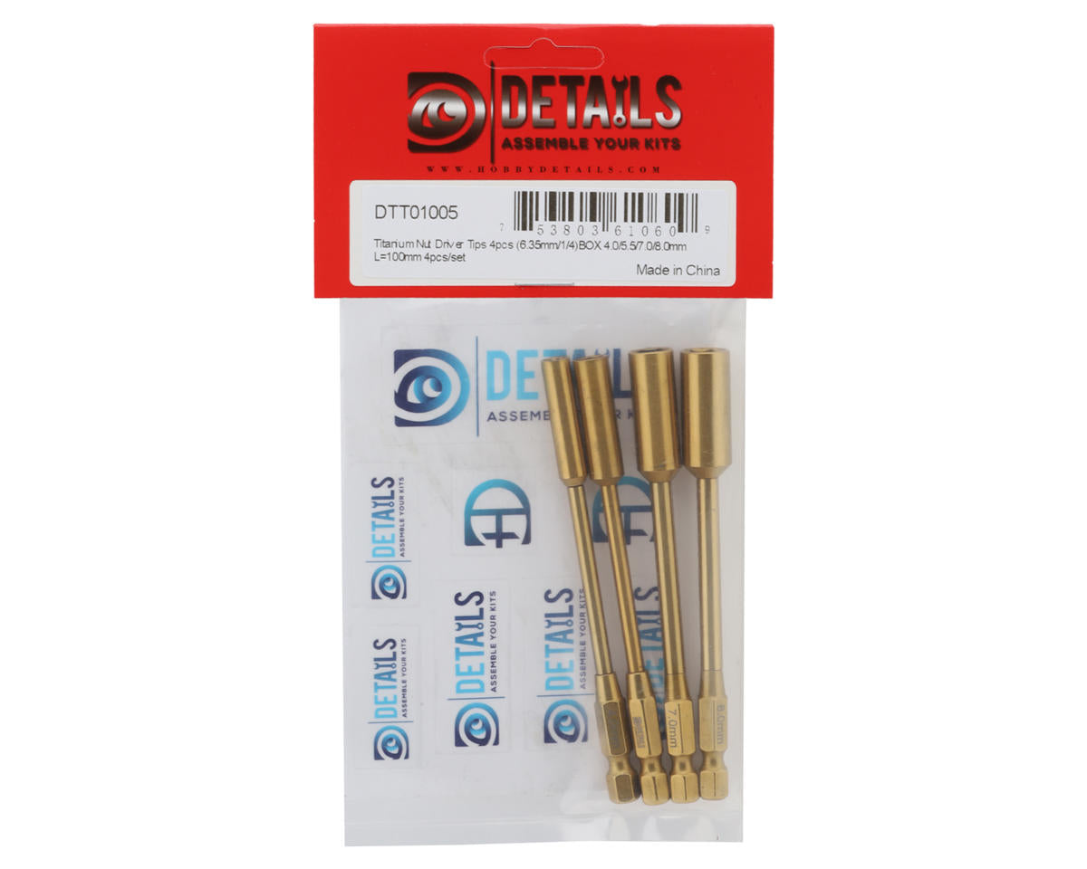 Hobby Details Titanium Nut Driver Tips (4) (1/4") (4.0/5.5/7.0/8.0mm)