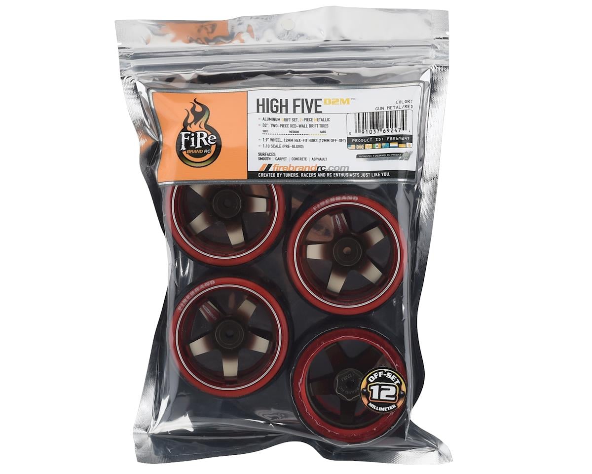 Firebrand RC Aluminum High-Five D2M12 Pre-Mounted Drift Tires (Red/Gun Metal)
