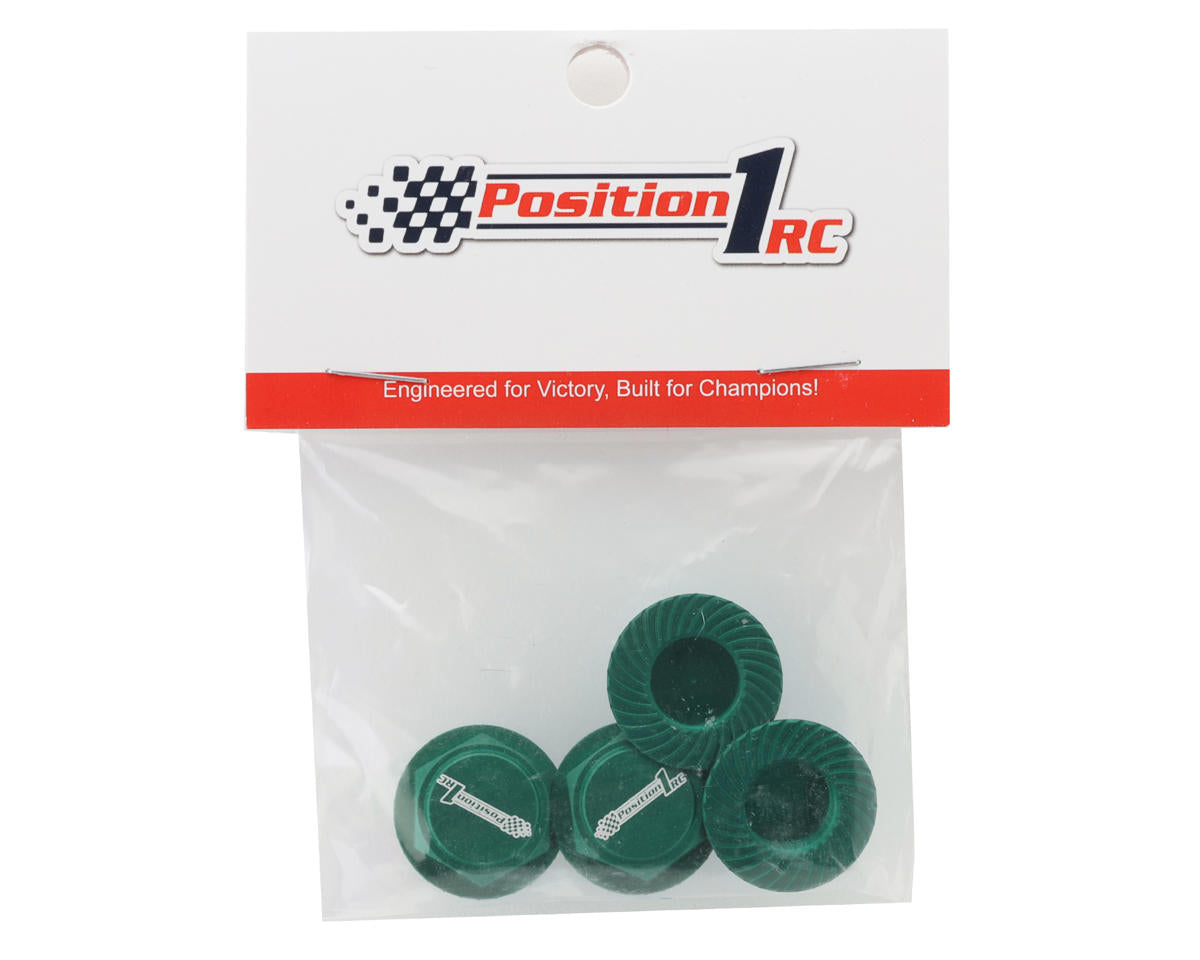 Position 1 RC Custom Laser Engraved 17mm 1/8 Serrated Wheel Nuts (Green) (4)