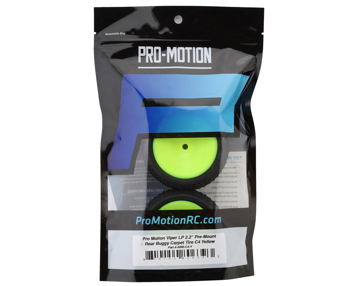 Pro-Motion Viper 2.2" Rear LP Carpet 1/10 Pre-Mount Buggy Tire (Yellow) (2)