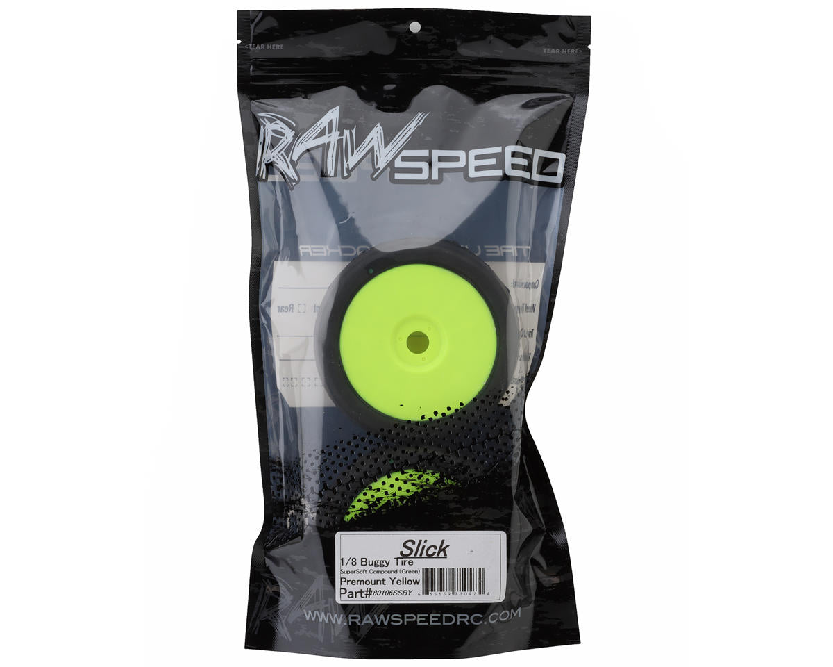 Raw Speed RC Slick 1/8 Buggy Pre-Mounted Tires (Yellow) (2) (Super Soft)