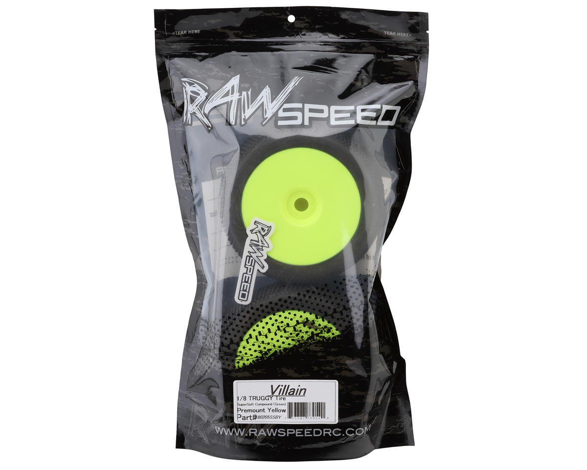 Raw Speed RC Villain 1/8 Truggy Pre-Mounted Tires (Yellow) (2) (Super Soft)
