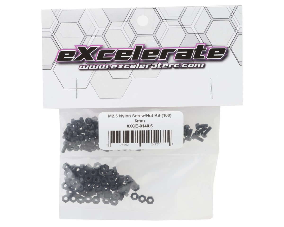 eXcelerate Machined Nylon Screws & Nuts Set (Black) (100) (2.5x6mm)
