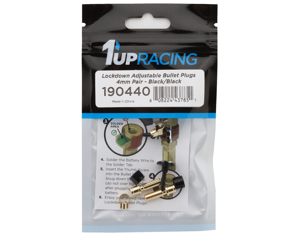 1UP Racing "Lockdown" Adjustable Bullet Plug Grips w/4mm Bullets (Black/Black)