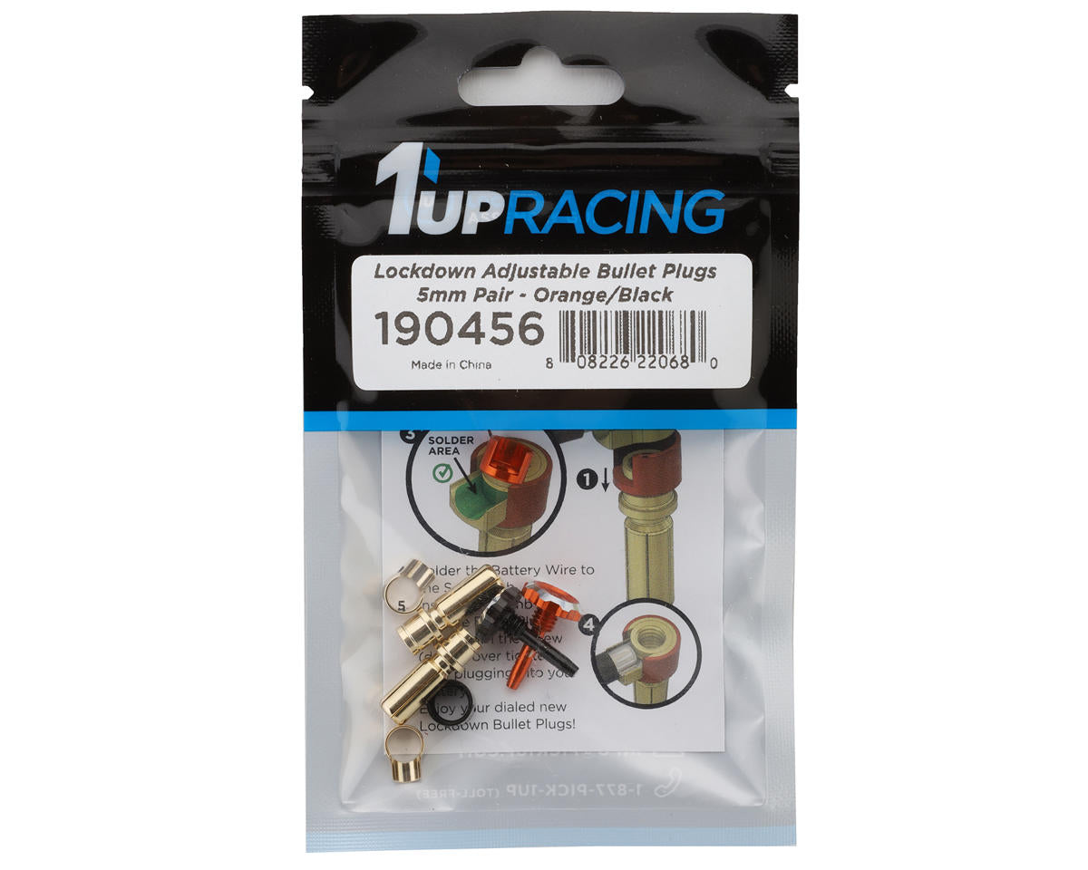 1UP Racing "Lockdown" Adjustable Bullet Plug Grips w/5mm Bullets (Orange/Black)