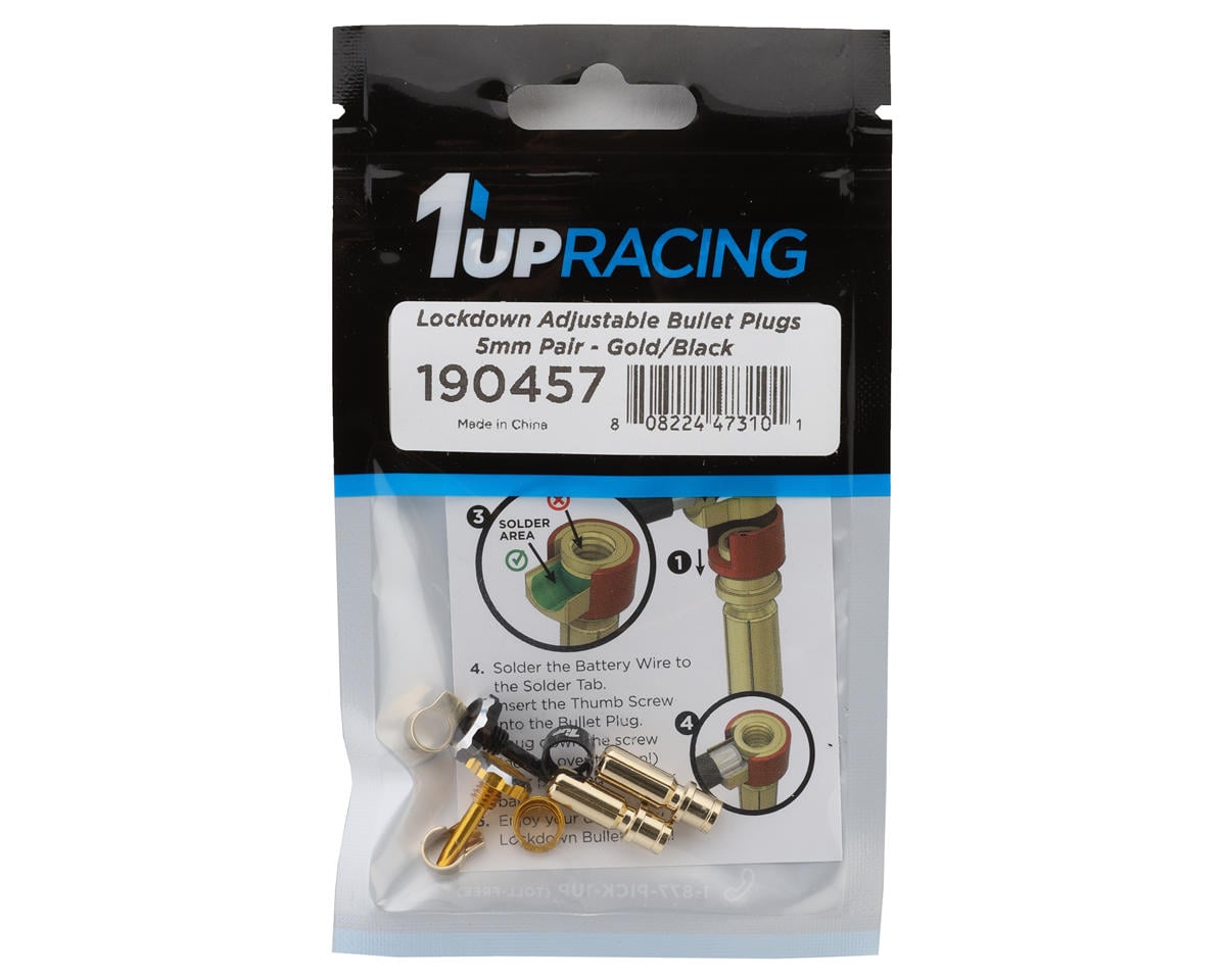 1UP Racing "Lockdown" Adjustable Bullet Plug Grips w/5mm Bullets (Gold/Black)