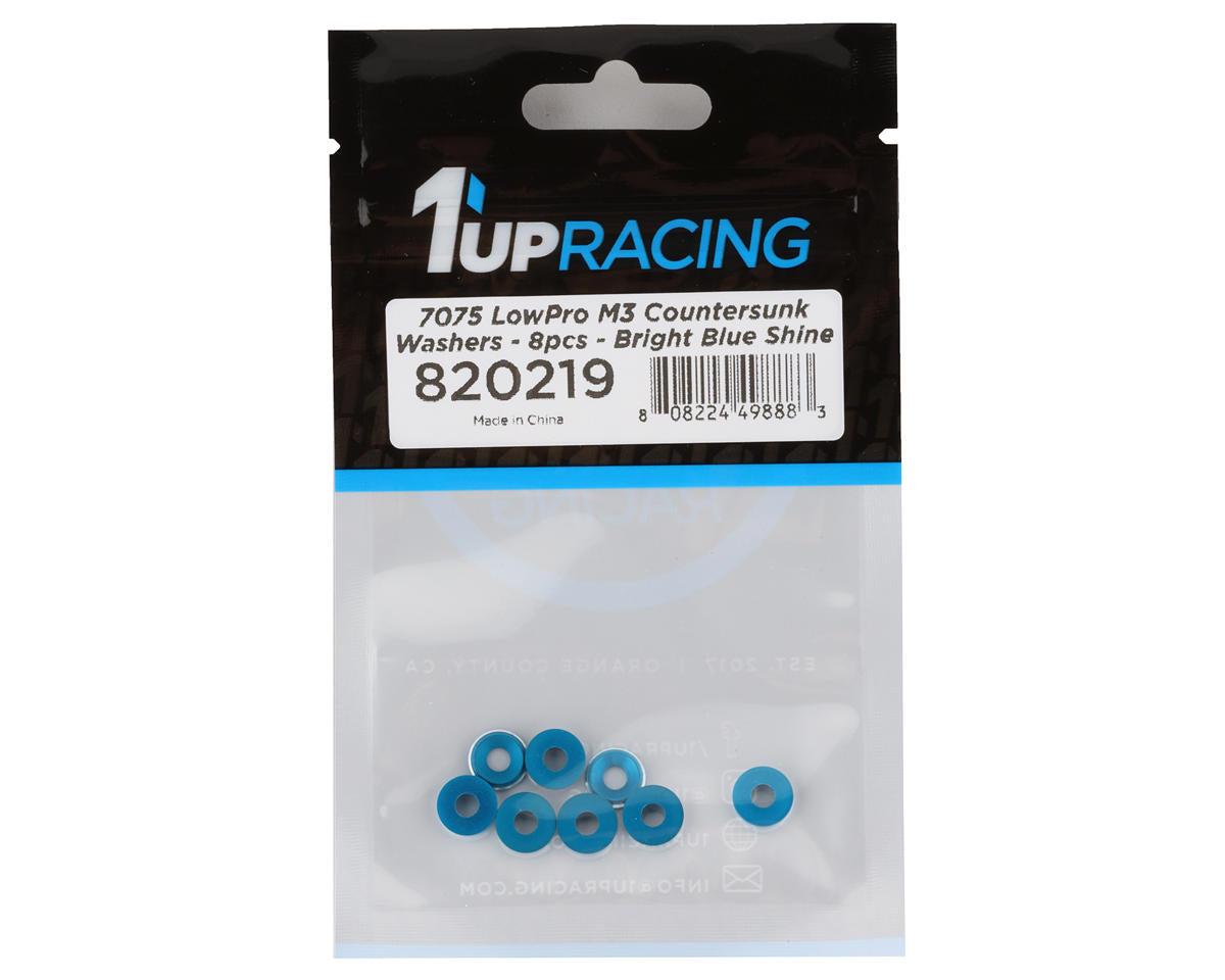 1UP Racing 3mm LowPro Countersunk Washers (Bright Blue Shine) (8)