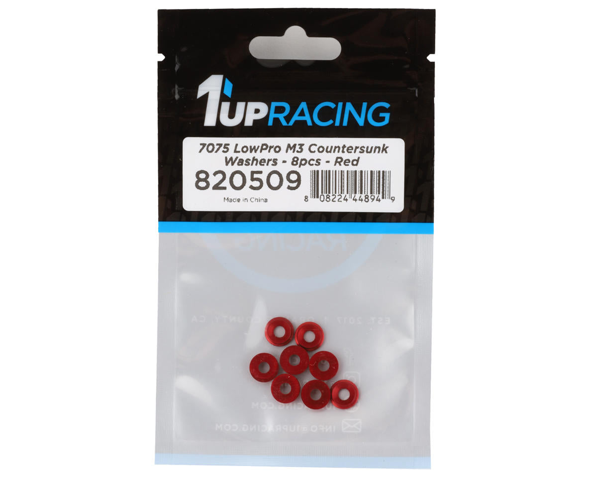 1UP Racing 3mm LowPro Countersunk Washers (Red) (8)