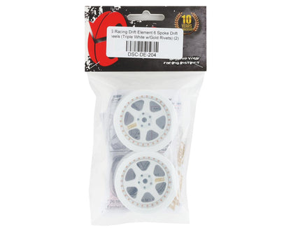 DS Racing Drift Element 6 Spoke Drift Wheels (Triple White w/Gold Rivets) (2)