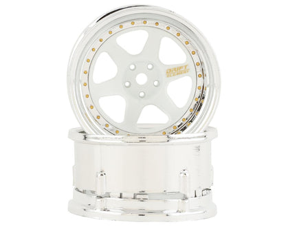 DS Racing Drift Element 6 Spoke Drift Wheels (White & Chrome w/Gold Rivets) (2)