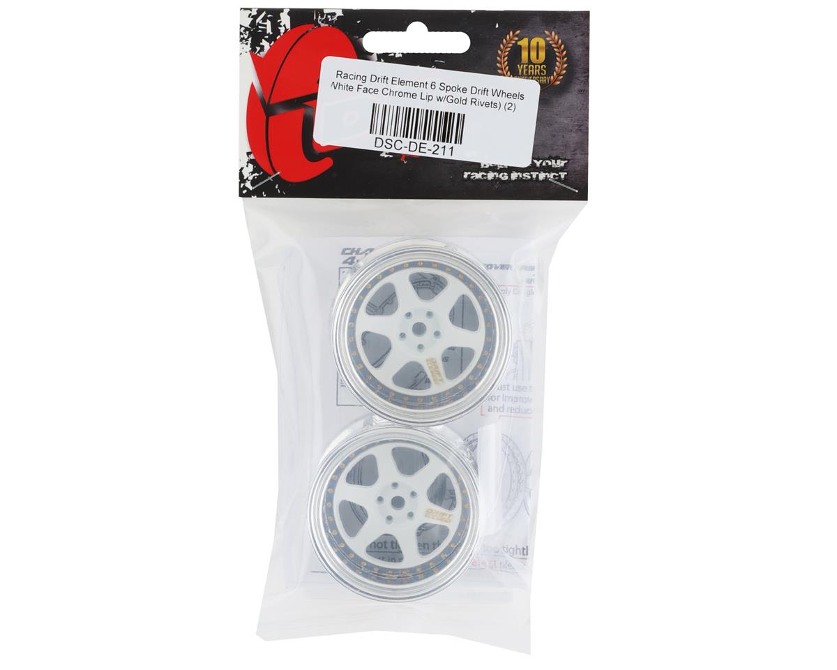 DS Racing Drift Element 6 Spoke Drift Wheels (White & Chrome w/Gold Rivets) (2)