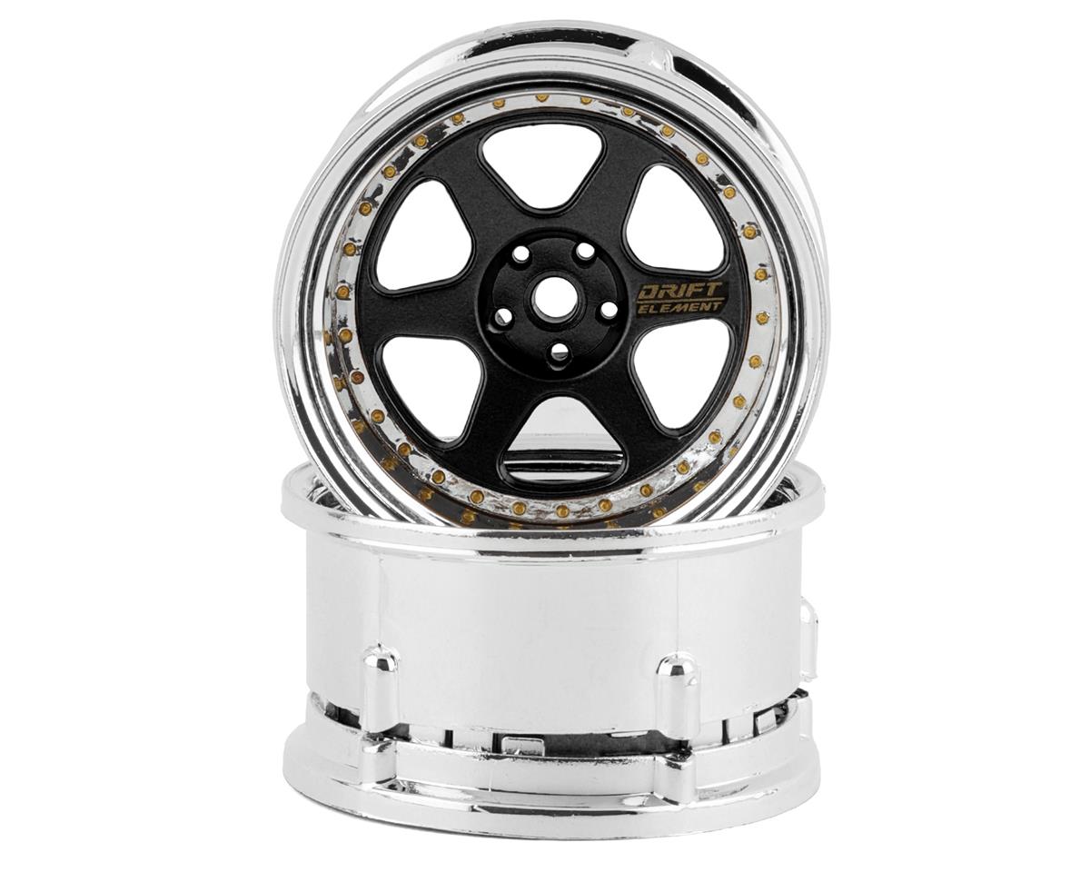 DS Racing Drift Element 6 Spoke Drift Wheels (Black & Chrome w/Gold Rivets) (2)