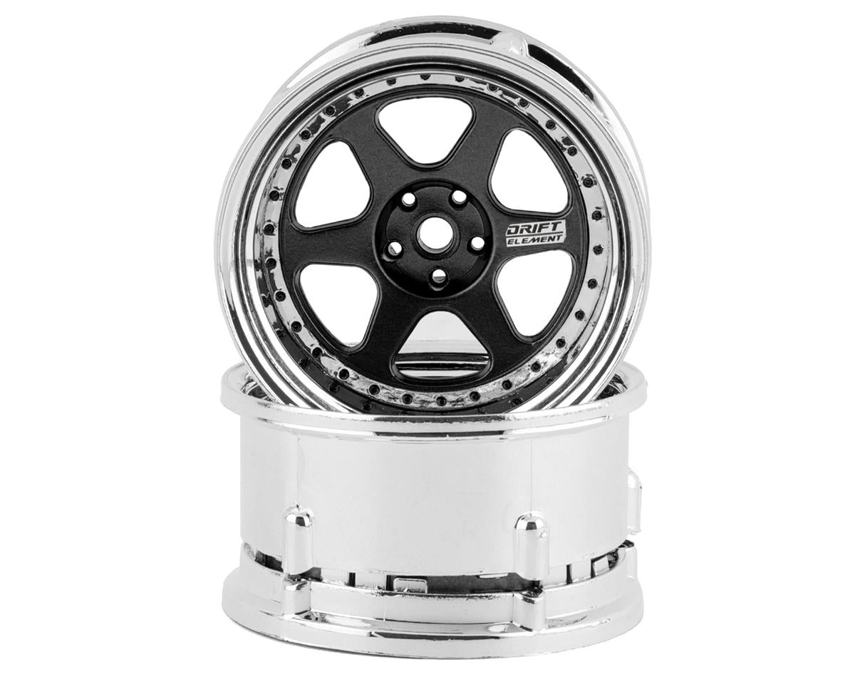 DS Racing Drift Element 6 Spoke Drift Wheels (Black & Chrome w/Black Rivets) (2)