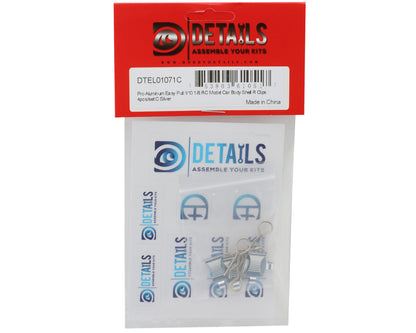 Hobby Details Pro Aluminum Easy Pull 1/10 & 1/8 Body Clips (Silver) (4)
