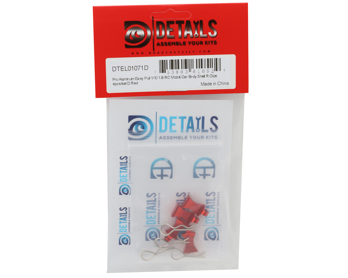 Hobby Details Pro Aluminum Easy Pull 1/10 & 1/8 Body Clips (Red) (4)