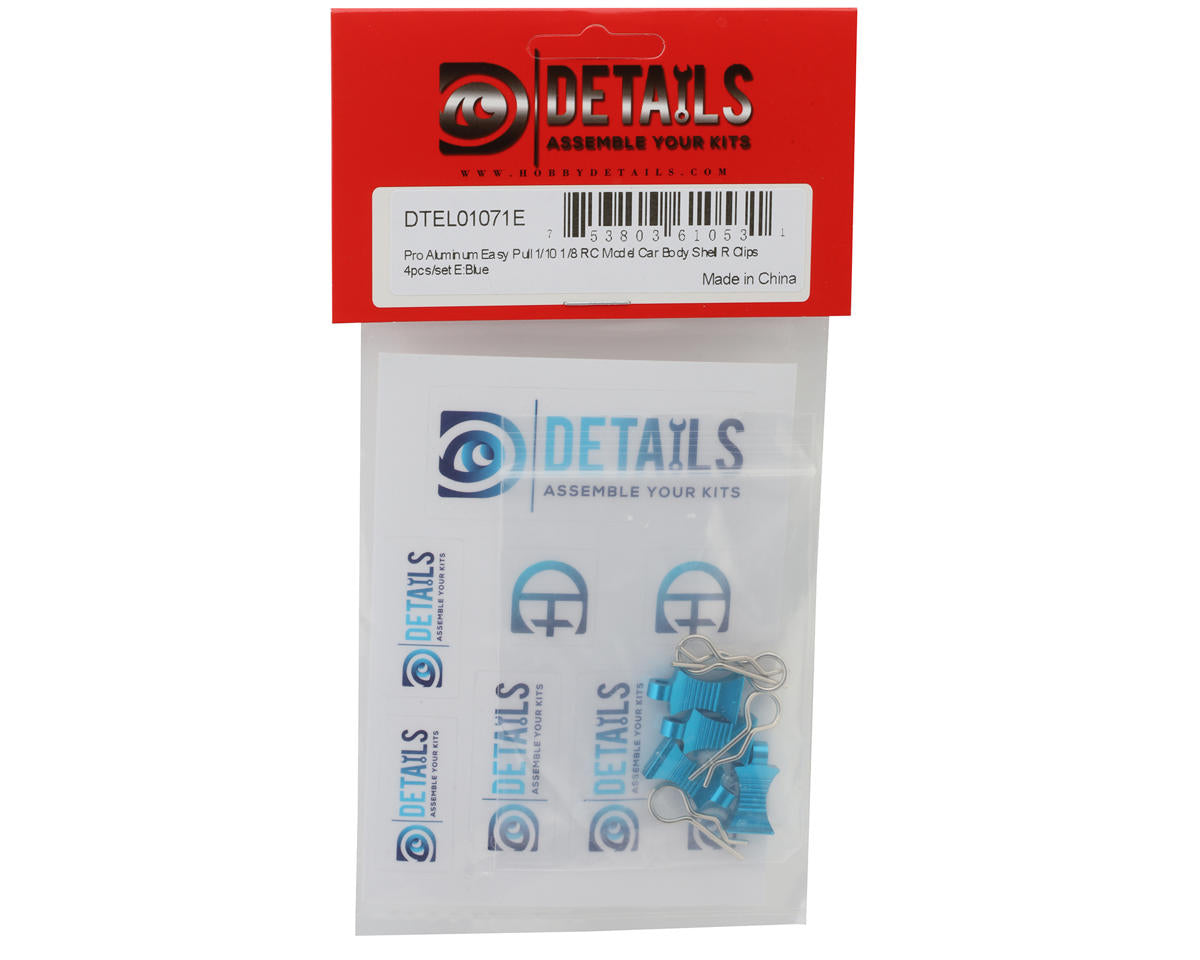 Hobby Details Pro Aluminum Easy Pull 1/10 & 1/8 Body Clips (Blue) (4)