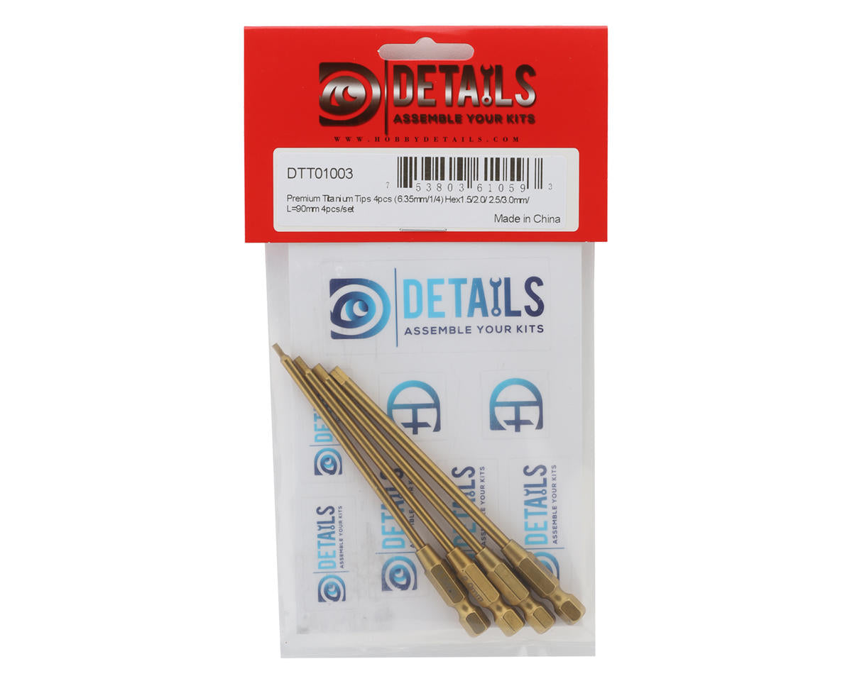 Hobby Details Premium Titanium Hex Wrench Tips (4) (1/4") (1.5/2.0/2.5/3.0mm)