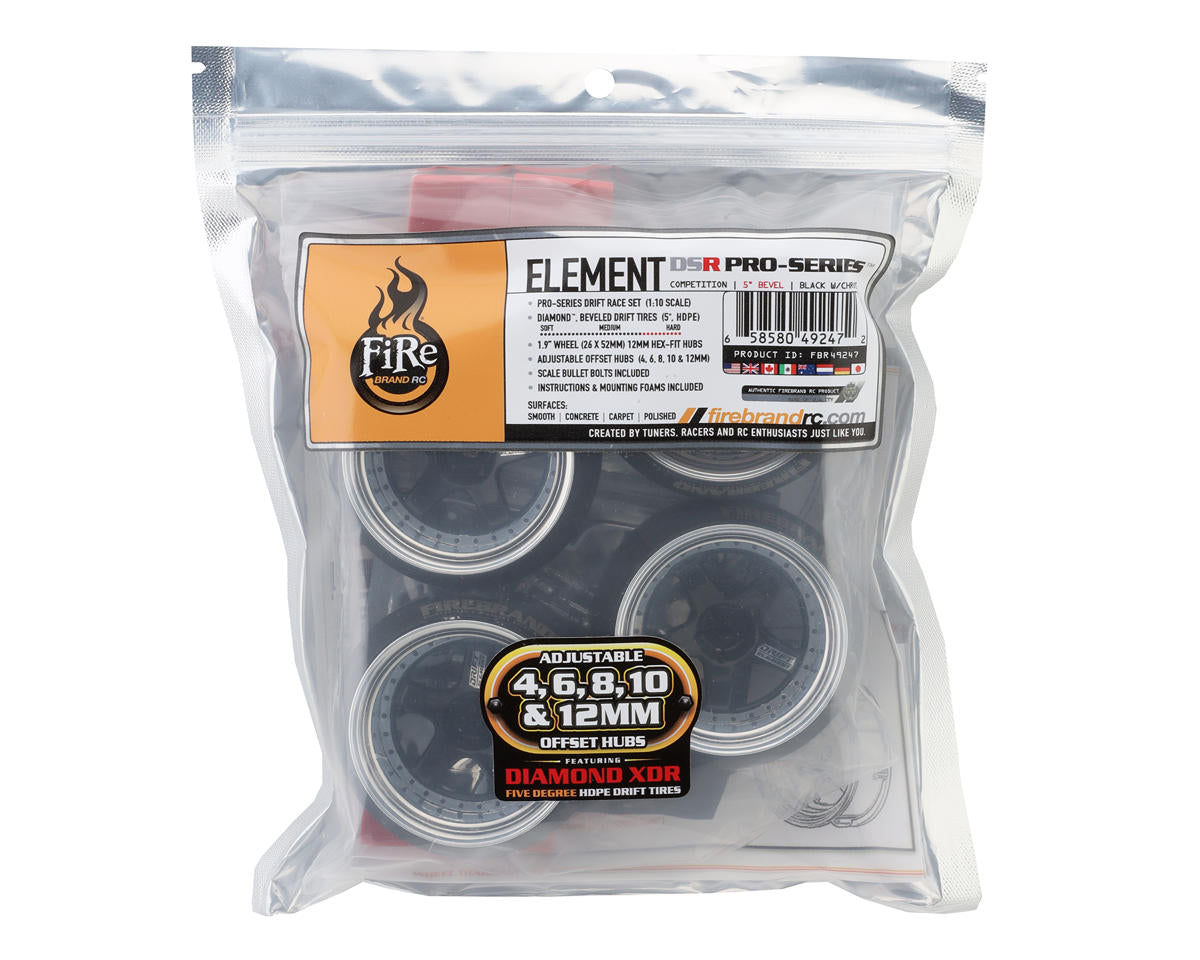 Firebrand RC Element-DSR 1/10 Drift Wheel Kit w/HDPE Tires (Black/Chrome)