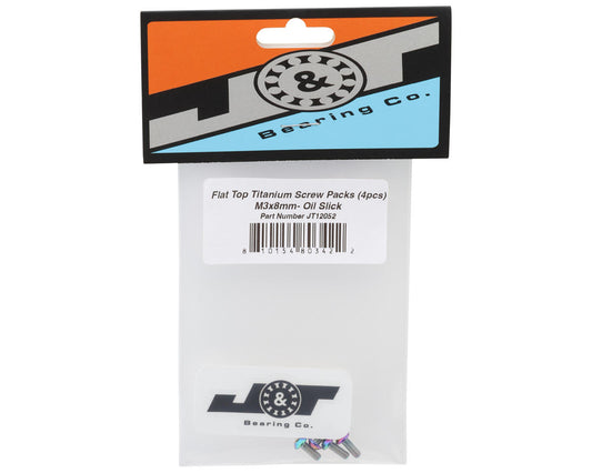J&T Bearing Co. 3mm Flat Top Titanium Screw Pack (Oil Slick) (4) (8mm)