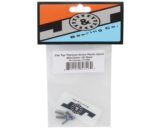 J&T Bearing Co. 3mm Flat Top Titanium Screw Pack (Oil Slick) (4) (12mm)