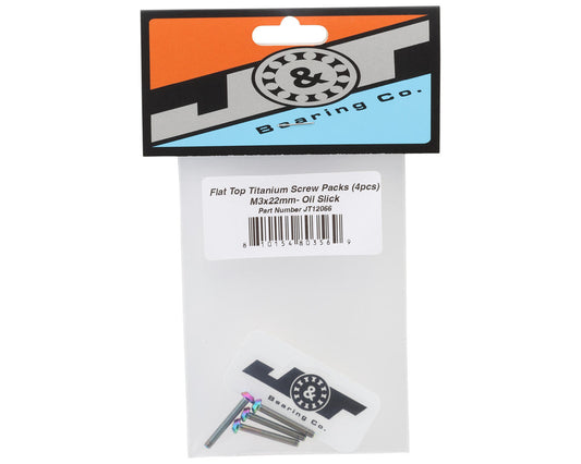 J&T Bearing Co. 3mm Flat Top Titanium Screw Pack (Oil Slick) (4) (22mm)