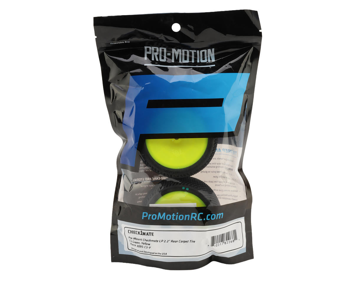 Pro-Motion Checkmate LP 2.2" Pre-Mounted Rear Buggy Carpet Tires (Yellow) (2)