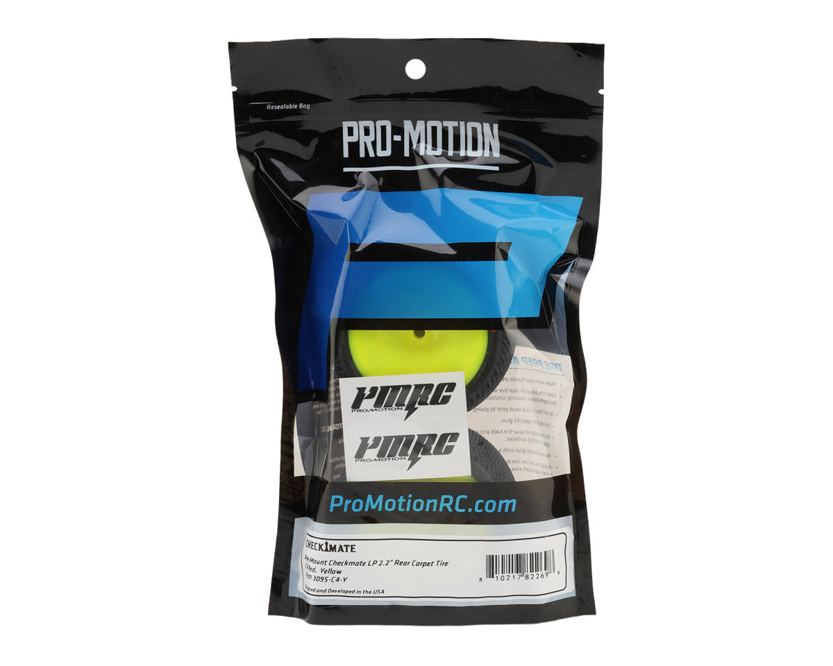 Pro-Motion Checkmate LP 2.2" Pre-Mounted Rear Buggy Carpet Tires (Yellow) (2)