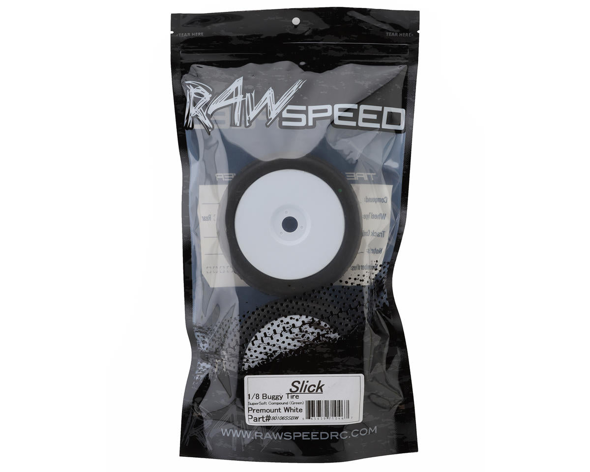 Raw Speed RC Slick 1/8 Buggy Pre-Mounted Tires (White) (2) (Super Soft)