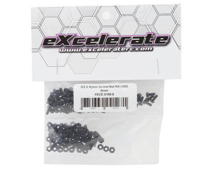 eXcelerate Machined Nylon Screws & Nuts Set (Black) (100) (2.5x6mm)