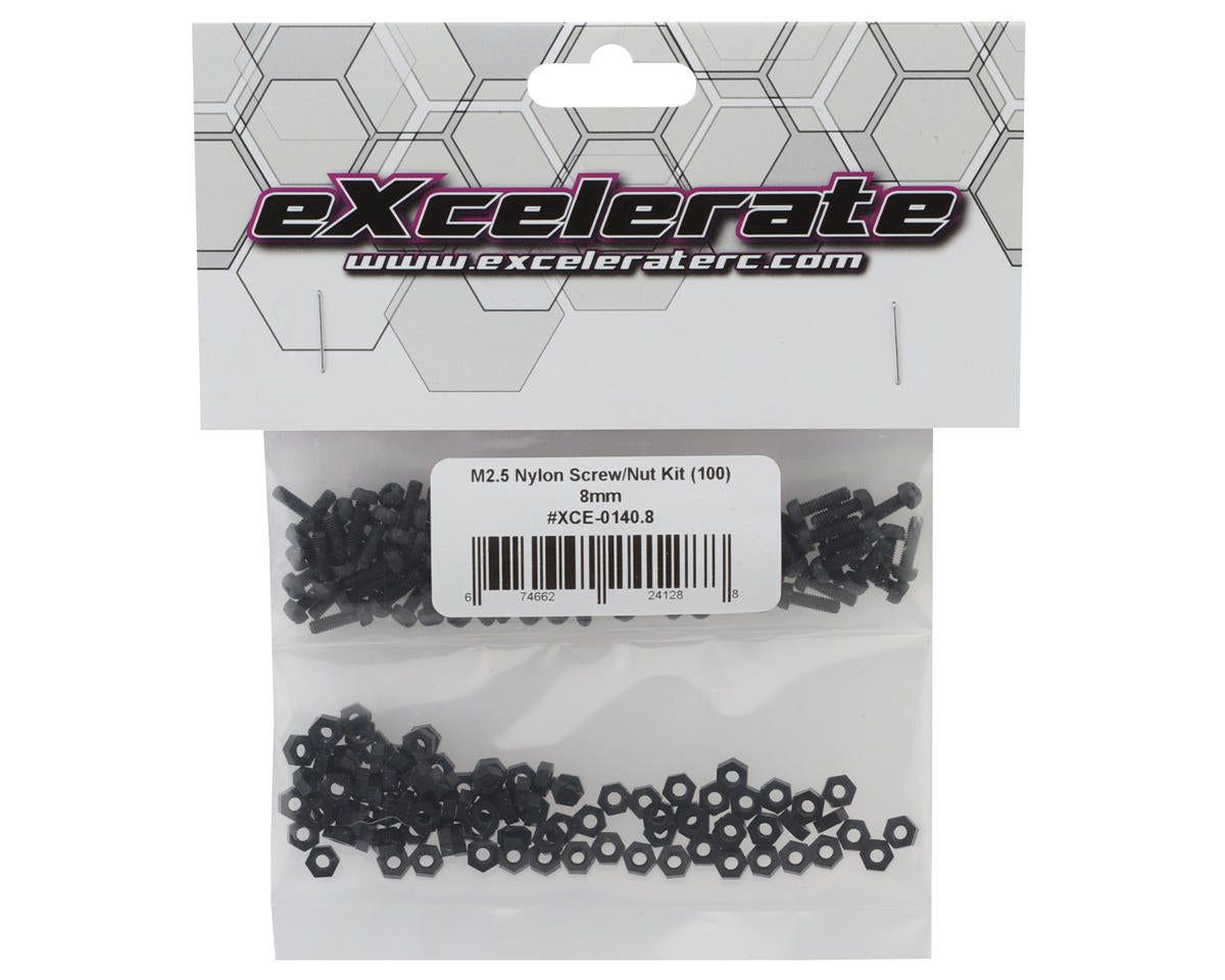 eXcelerate Machined Nylon Screws & Nuts Set (Black) (100) (2.5x8mm)