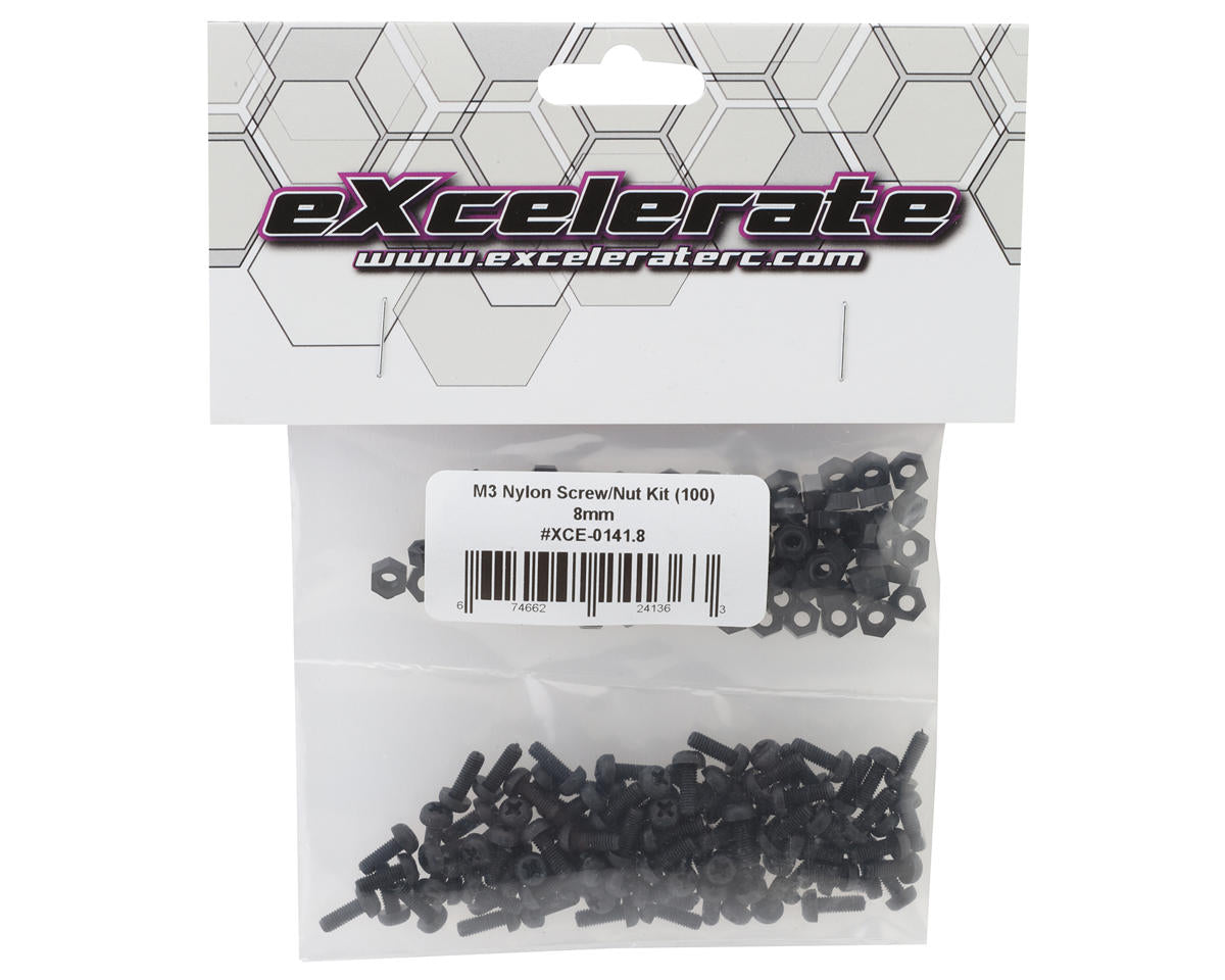 eXcelerate Machined Nylon Screws & Nuts Set (Black) (100) (3x8mm)