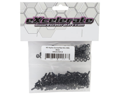 eXcelerate Machined Nylon Screws & Nuts Set (Black) (100) (3x8mm)
